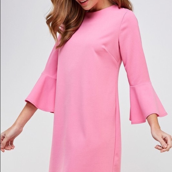 2 Hearts Solid Pink Bell Sleeve Shift Dress - Picture 3 of 8